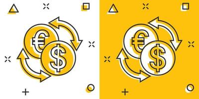 ícone de troca de moeda em estilo cômico. dólar euro transferência ilustração vetorial dos desenhos animados no fundo branco isolado. conceito de negócio de efeito de respingo de processo financeiro. vetor