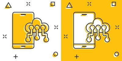 smartphone com ícone de nuvem em estilo cômico. ilustração em vetor desenhos animados de armazenamento de rede de telefone no fundo branco isolado. conceito de negócio de efeito de respingo de backup online.