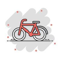 ícone de bicicleta em estilo cômico. bicicleta exercício dos desenhos animados ilustração vetorial no fundo branco isolado. conceito do negócio do sinal do efeito do respingo do exercício da aptidão. vetor
