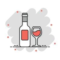 copo de vinho e ícone de garrafa em estilo cômico. ilustração em vetor champanhe bebida dos desenhos animados no fundo isolado. conceito de negócio de sinal de efeito de respingo de bebida de coquetel.