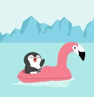 desenho animado de pinguim cavalgando um flamingo flutuante vetor