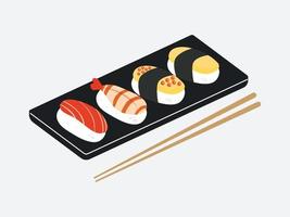 sushi de comida japonesa na tábua de madeira com pauzinhos de sushi vetor