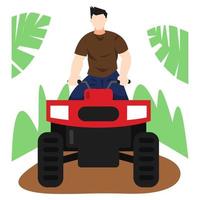 piloto de quadriciclo. moto-quatro. veículos todo-o-terreno. fundo de grama, folhas. adequado para temas de transporte, esportes, hobbies, jogos, etc. ilustração vetorial plana vetor