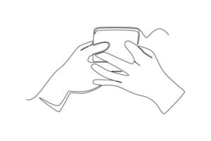 mãos desenhando uma única linha segurando um smartphone. conceito de mídia social. ilustração em vetor gráfico de desenho de desenho de linha contínua.