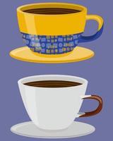 xícara de chá amarelo e branco em estilo realista. caneca de porcelana com café quente. ilustração vetorial colorida isolada no fundo branco. vetor