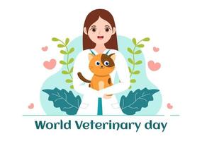 dia mundial da veterinária em 29 de abril ilustração com médico e animais fofos cães ou gatos em desenhos animados planos desenhados à mão para modelos de página de destino vetor