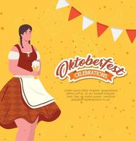 desenho de mulher oktoberfest com design tradicional de pano e cerveja vetor