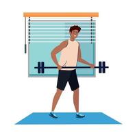 homem afro com barra de peso em casa, exercício esporte recreação vetor