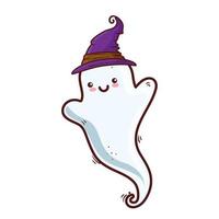 halloween, fantasma fofo usando chapéu de bruxa em fundo branco vetor