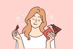 jovem feliz comendo chocolate. garota sorridente sente-se alegre, desfruta de barra doce ou sobremesa de açúcar. ilustração vetorial. vetor