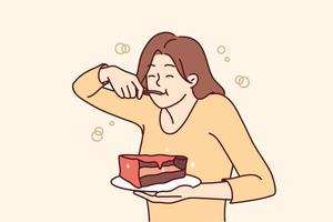 jovem com fome comendo bolo sofre de transtorno alimentar. garota feliz gosta de sobremesa de chocolate. prazer culpado. ilustração vetorial. vetor