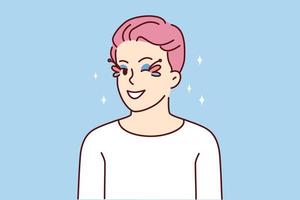 homem homossexual com cabelo rosa e maquiagem dos olhos pisca para a câmera. cara gay sorridente com maquiagem no rosto, sentindo-se otimista e alegre. ilustração vetorial. vetor