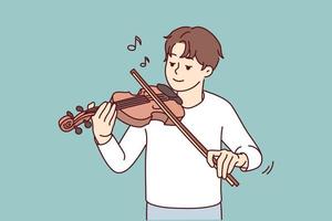 jovem feliz tocando violino curtindo música. cara sorridente tocar instrumento musical. passatempo e entretenimento. ilustração vetorial. vetor