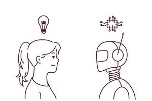 jovem mulher com lâmpada acima da cabeça e pensamentos de troca de robô geram ideias. conceito de inteligência artificial e intelecto humano. ilustração vetorial. vetor