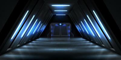 corredor escuro com porta de metal e iluminação azul