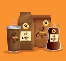 maquete de branding de cafeteria, maquete de identidade corporativa, embalagem zip, saco de papel, descartável e garrafa de café especial vetor