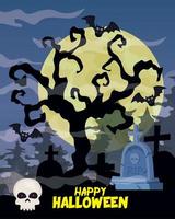 banner de feliz dia das bruxas com árvore seca, caveira na cena do cemitério vetor