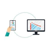 mãos segurando um smartphone e um computador com desenho vetorial de infográfico vetor