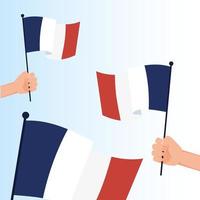 mãos segurando bandeiras da França para feliz dia da bastilha desenho vetorial