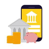 smartphone com desenho vetorial de banco, moedas e cofrinho vetor