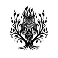 coruja ornamental na pequena árvore. vetor monocromático para logotipo, emblema, mascote, bordado, queima de madeira, artesanato.