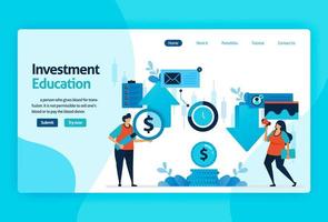 design de vetor de página de destino para educação de investimento. retorno do investimento com planejamento, mercado de ações e fundos mútuos, renda fixa, mercado monetário. para banner, ilustração, web, site, aplicativos móveis