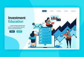 design de vetor de página de destino para educação de investimento. mercado de ações com estratégia, análise, planejamento. crescimento do mercado de capitais, retorno do investimento. para banner, ilustração, web, site, aplicativos móveis