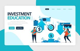 design de vetor de página de destino para educação de investimento. retorno do investimento com planejamento, mercado de ações e fundos mútuos, renda fixa, mercado monetário. para banner, ilustração, web, site, aplicativos móveis