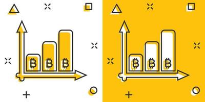 ícone de crescimento de bitcoin em estilo cômico. ilustração em vetor blockchain dos desenhos animados em fundo branco isolado. conceito de negócio de efeito de respingo de criptomoeda.