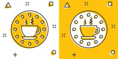 ícone de coffee-break em estilo cômico. relógio com ilustração em vetor xícara de chá dos desenhos animados no fundo branco isolado. conceito de negócio de efeito de respingo de hora do café da manhã.