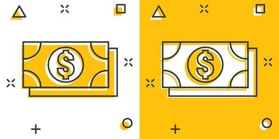 ícone de notas de moeda de dólar em estilo cômico. Dólar dinheiro ilustração vetorial dos desenhos animados no fundo branco isolado. conceito de negócio de efeito de respingo de conta de notas. vetor