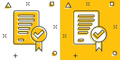 ícone de documento aprovado em estilo cômico. autorizar a ilustração vetorial dos desenhos animados sobre fundo branco isolado. conceito de negócio de efeito de respingo de marca de seleção de acordo. vetor