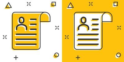 ícone de currículo em estilo cômico. contrato documento ilustração vetorial dos desenhos animados no fundo branco isolado. conceito de negócio de efeito de respingo de bloco de notas de papel. vetor