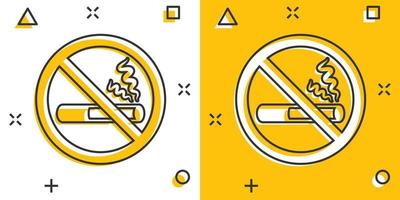 ícone de sinal de não fumar em estilo cômico. ilustração em vetor cigarro dos desenhos animados no fundo branco isolado. conceito de negócio de efeito de respingo de nicotina.