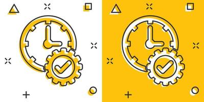 marca de seleção no ícone do relógio em estilo cômico. engrenagem com ilustração em vetor tempo dos desenhos animados sobre fundo branco isolado. conceito de negócio de efeito de respingo de produção.