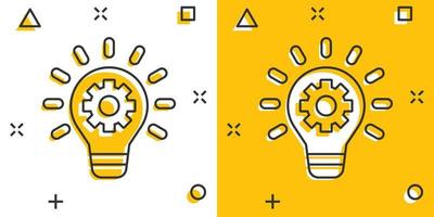 ícone de inovação em estilo cômico. lâmpada com ilustração em vetor desenho animado roda dentada em fundo branco isolado. conceito de negócio de efeito de respingo de ideia.