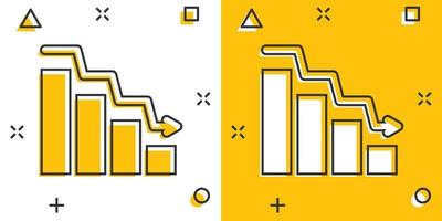 ícone de tendência de mercado em estilo cômico. seta de declínio com ilustração em vetor lupa dos desenhos animados no fundo branco isolado. diminuir o conceito de negócio de efeito de respingo.