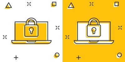 ícone de computador de armário em estilo cômico. ilustração em vetor cadeado portátil dos desenhos animados no fundo branco isolado. conceito de negócio de efeito de respingo de desbloqueio de chave.