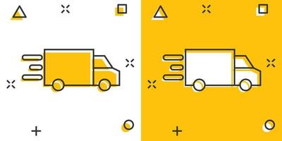 ícone de caminhão em estilo cômico. ilustração em vetor entrega automática dos desenhos animados no fundo branco isolado. conceito de negócio de efeito de respingo de automóvel de caminhão.