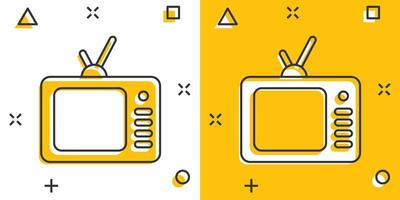 ícone da tv em estilo cômico. ilustração em vetor sinal de desenho animado de televisão em fundo branco isolado. conceito de negócio de efeito de respingo de canal de vídeo.