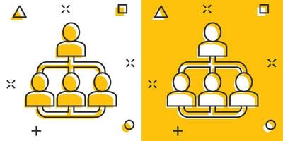 organograma corporativo com ícone de vetor de pessoas de negócios em estilo cômico. ilustração dos desenhos animados de cooperação de pessoas sobre fundo branco. conceito de negócio de efeito de respingo de trabalho em equipe.