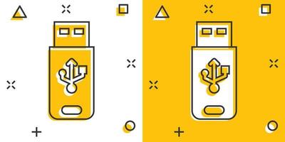 ícone da unidade usb em estilo cômico. ilustração dos desenhos animados do vetor do disco flash no fundo branco isolado. conceito de negócio de efeito de respingo de memória digital.