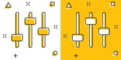 controle o ícone de volume em estilo cômico. áudio ajustando a ilustração vetorial de sinal dos desenhos animados no fundo branco isolado. conceito de negócio de efeito de respingo de filtro. vetor