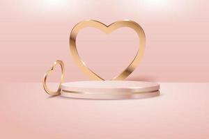 Palco realista de pódio rosa pastel de ouro 3d realista em fundo rosa com elemento de coração de ouro 3d. vetor