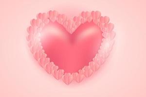 coração realista com fundo de quadro de corações de corte de papel rosa. vetor