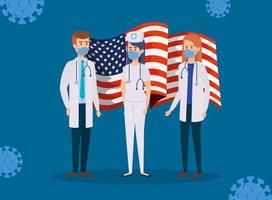 equipe de médicos com a bandeira dos EUA e partículas covid19 vetor
