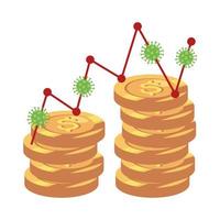 variação do mercado de ações por covid 19 com moedas de pilha e ícones vetor