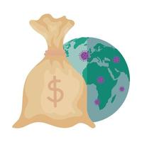 bolsa de dinheiro com planeta mundial e partículas covid 19 vetor