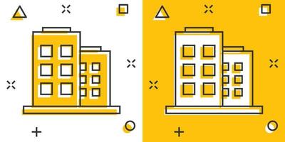 ícone de sinal de prédio de escritórios em estilo cômico. apartamento vector cartoon ilustração sobre fundo branco isolado. efeito de respingo de conceito de negócio de arquitetura.