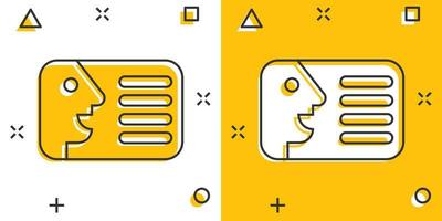 ícone do cartão de identificação em estilo cômico. distintivo de identidade pictograma de ilustração vetorial dos desenhos animados. acessar o efeito de respingo do conceito de negócios de pessoas do titular do cartão de acesso. vetor